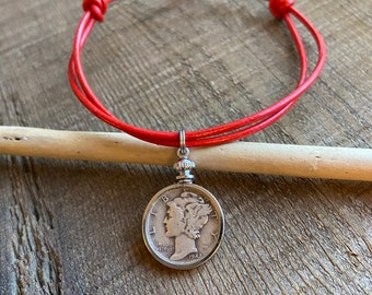 Red Leather Mercury Dime Anklet, Liberty Head jewelry, coin anklet, fortune and luck, leap year, silver, hoodoo conjure traditions, witch