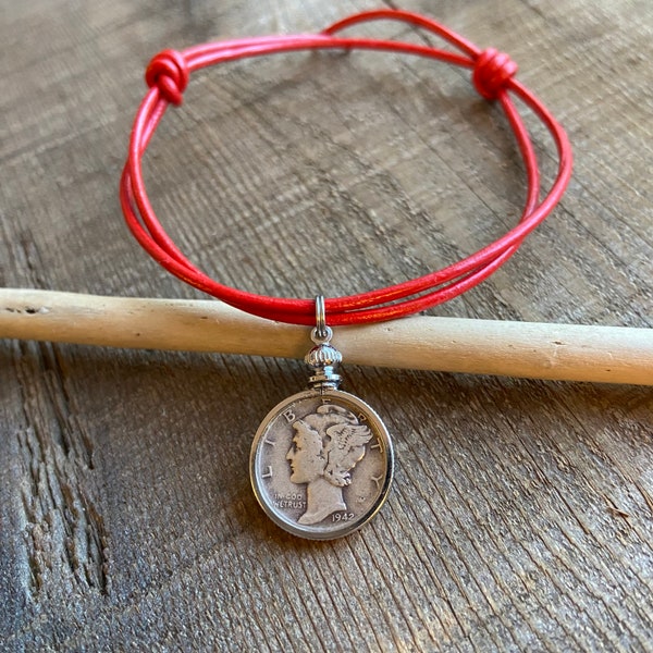 Red Leather Mercury Dime Anklet, Liberty Head jewelry, coin anklet, fortune and luck, leap year, silver, hoodoo conjure traditions, witch