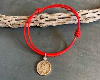 Adjustable red leather mercury dime anklet: Lucky amulet Silver Coin Jewelry