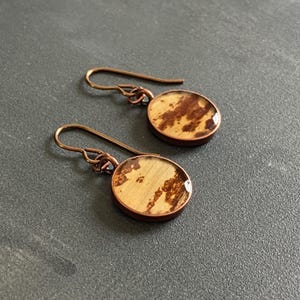 May include: A pair of copper-colored earrings with a circular design. The earrings feature a light-colored background with brown, organic-looking patterns. The earrings have a hook closure.