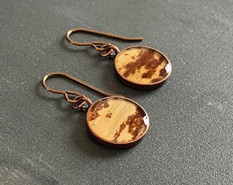 Petite banana paper earrings, natural brass ear wires and antiqued copper bezels, lightweight