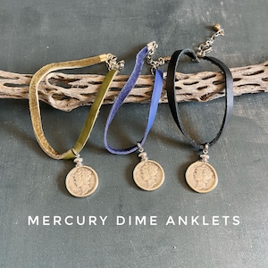 Adjustable leather Mercury Dime anklet in black, green, or blue leather. Good luck talisman.