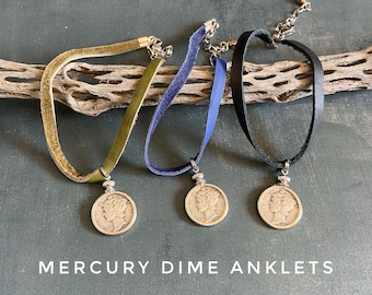 Adjustable leather Mercury Dime anklet in black, green, or blue leather. Good luck talisman.