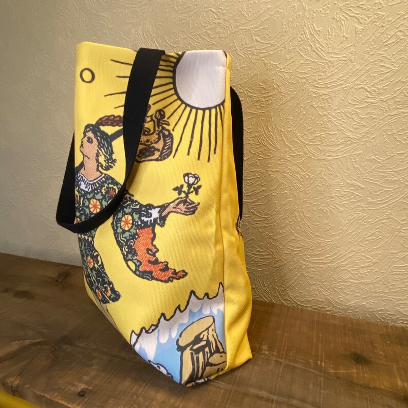 The Fool Tarot card canvas tote bag, bright yellow tote bag, polyester canvas tote, gym bag, personal bag, shoulder bag, magick, organizer image 5