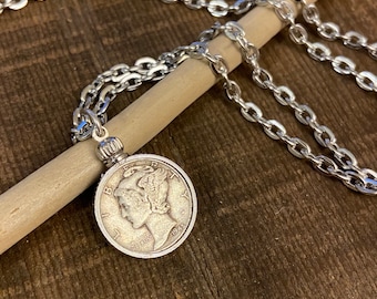 Mercury dime on 21" stainless steel cable chain, Mercury dime coin necklace, coin jewelry, dime pendant, good luck mojo, silver chain
