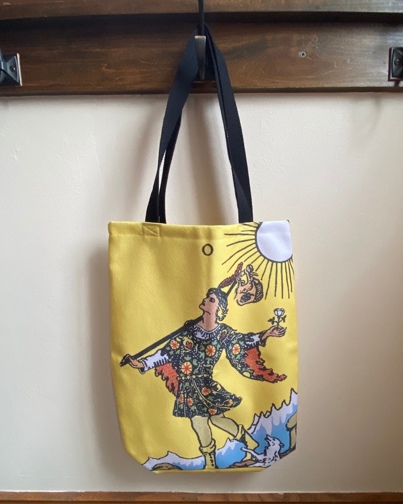 The Fool Tarot card canvas tote bag, bright yellow tote bag, polyester canvas tote, gym bag, personal bag, shoulder bag, magick, organizer image 1