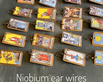 Tarot Earrings: Niobium ear wires.  Lightweight cards on copper, witch witchy occult pagan jewelry