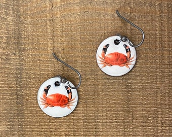 Reef Crab enameled earrings, sterling silver ear wire, ocean theme