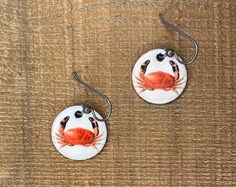 Colorful reef crab, Liomera cinctimanusia, red enameled crab earring, Sterling silver ear wires, vintage image, natural history, #sciart