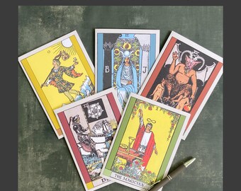 5-Pack Assorted Rider-Waite 5x7 greeting card (Fool, High Priestess, Magician, Death & Devil)