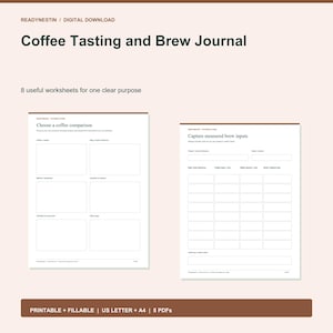 Puede incluir: Un diario digital de cata y preparación de café con 8 hojas de trabajo. Las páginas incluyen secciones para comparar café y registrar datos de preparación. Documento imprimible y rellenable en formatos A4 y US Letter.