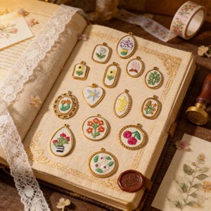 Puede incluir: Una colección de pequeños colgantes bordados con borde dorado que presentan diversos diseños florales y botánicos, incluyendo flores, hojas y cerezas, dispuestos sobre las páginas abiertas de un libro de estilo antiguo con encaje y un sello.