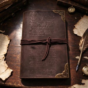 Könnte beinhalten: Ein dunkelbraunes Lederjournal mit geprägter Schreibschrift auf dem Einband, das mit einem passenden Lederband verschlossen wird. Das Journal ist mit verzierten, antik messingfarbenen Metallecken oben und unten rechts versehen.