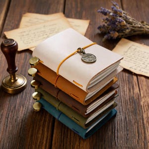 May include: A stack of five leather-bound journals in cream, tan, brown, olive green, and blue. Each journal is secured with a colored elastic band and features a metal charm on the top cover. The top journal has a round Pisces zodiac charm.