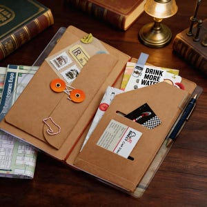 Puede incluir: Una funda de diario de papel kraft color canela con bolsillos interiores que contienen varias pegatinas, una tarjeta de visita y un inserto de papel con el texto "DRINK MORE WATER". Un bolígrafo azul oscuro está insertado en el lateral y tiene dos cierres circulares naranjas.