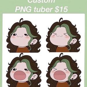 May include: A digital illustration featuring four chibi-style character avatars with wavy brown hair, green highlights, and dark ear gauges. The characters display various facial expressions including closed eyes, a wide open mouth, and a w-shaped mouth.