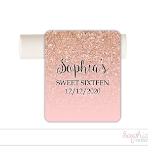 Sweet 16 Lip Balm Labels, Rose Gold Glitter Sweet Sixteen Party Favor, Quinceanera Personalized Lip Balm Labels, Bridal Shower, Baby Shower
