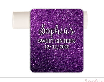 Sweet 16 Lip Balm Labels, Purple Glitter Sweet Sixteen Party Favor, Quinceanera Personalized Lip Balm Labels, Bridal Shower, LABELS ONLY
