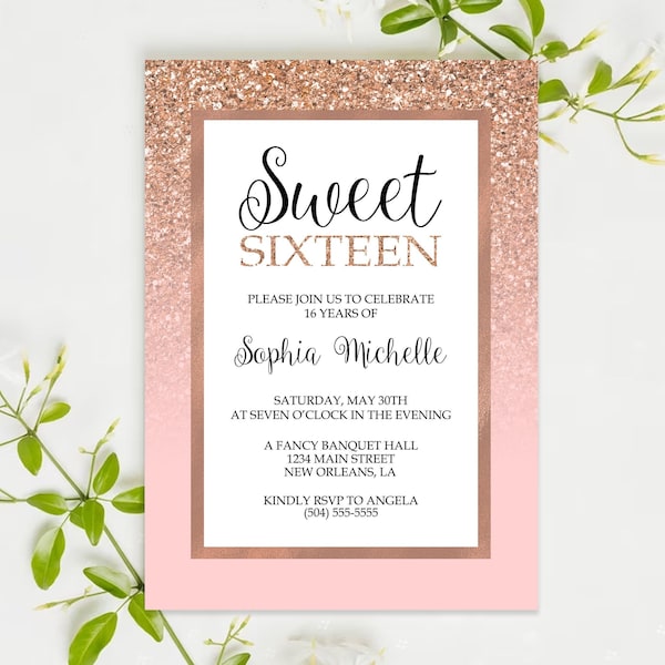 Sweet 16 Invitation, Rose Gold Glitter Ombre Sweet Sixteen Invitations, Rose Gold Foil Sweet 16 Party Invitation, Birthday Party Invitations