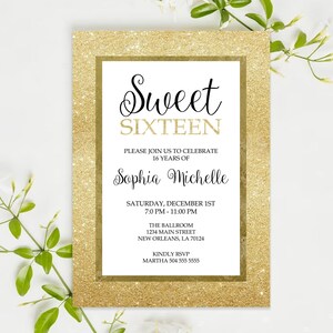 Gold Glitter Sweet 16 Invitation: Birthday Party Invites