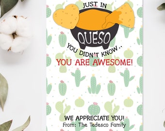 PRINTED Just in Queso You Didn't Know You Are Awesome Gift Card Holder, Taco Bout How Awesome, Teacher Appreciation, Mexican Restaurant