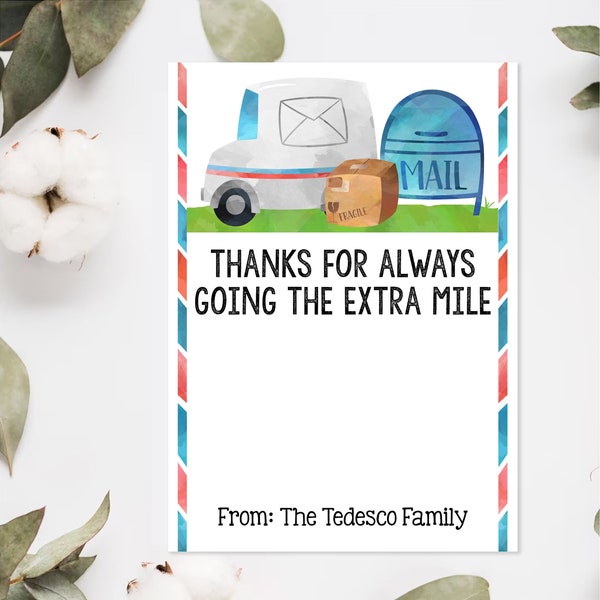 PRINTED Letter Carrier Gift Card Holder, Mail Carrier, Thanks For Going The Extra Mile, Mailman Gift, Postal Worker, Delivery Driver Gift