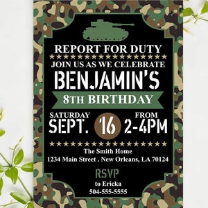 Army Party Birthday Invitation, Camo Birthday Invite, Military Birthday Party Invitations, Camouflage Birthday Invitation, Camo Party