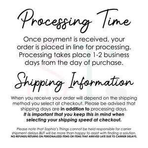 Puede incluir: Gr&aacute;fico de texto con las palabras "Processing Time" y "Shipping Information" en texto negro sobre fondo blanco. El texto explica que los pedidos se procesan en 1-2 d&iacute;as h&aacute;biles y que los tiempos de env&iacute;o var&iacute;an seg&uacute;n el m&eacute;todo de env&iacute;o seleccionado al finalizar la compra.