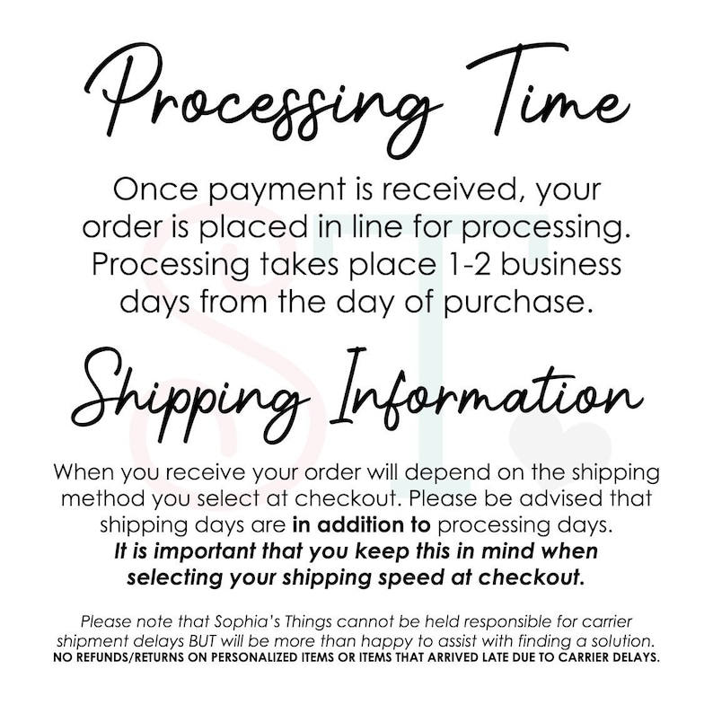Puede incluir: Gr&aacute;fico de texto con las palabras "Processing Time" y "Shipping Information" en texto negro sobre fondo blanco. El texto explica que los pedidos se procesan en 1-2 d&iacute;as h&aacute;biles y que los tiempos de env&iacute;o var&iacute;an seg&uacute;n el m&eacute;todo de env&iacute;o seleccionado al finalizar la compra.