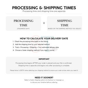 May include: An informational graphic with black text on a white background explaining processing and shipping times. It includes sections titled Processing & Shipping Times, How to Calculate Your Delivery Date, Important, and Need It Sooner with instructions.