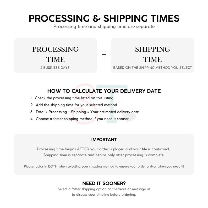 May include: An informational graphic with black text on a white background explaining processing and shipping times. It includes sections titled Processing & Shipping Times, How to Calculate Your Delivery Date, Important, and Need It Sooner with instructions.