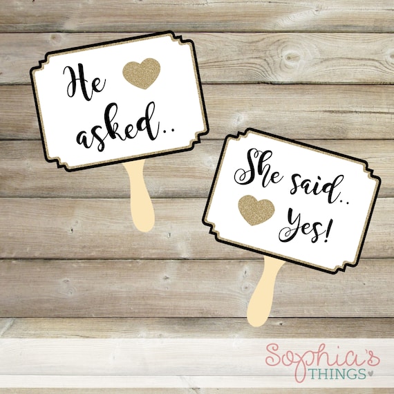 He Asked She Said Yes Printable Black and Gold Glitter Signs | Etsy