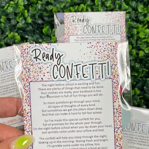 May include: A colorful card with confetti and the text "Ready Confetti" on it. The card has a poem about the night before school and how to use confetti to help you sleep.