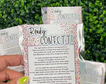 May include: A colorful card with confetti and the text "Ready Confetti" on it. The card has a poem about the night before school and how to use confetti to help you sleep.