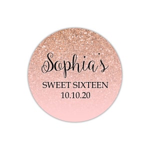 Sweet 16 Rose Gold Glitter Ombre Thank You Stickers, Sweet Sixteen Rose Gold Thank You Labels, Faux Rose Gold Glitter Party Favor Labels