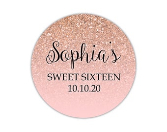 Sweet 16 Rose Gold Glitter Ombre Thank You Stickers, Sweet Sixteen Rose Gold Thank You Labels, Faux Rose Gold Glitter Party Favor Labels