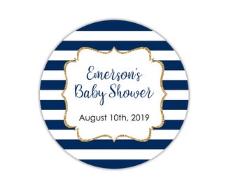 Ahoy It's A Boy Baby Shower Stickers, Nautical Baby Shower Labels, Anchor Baby Shower Thank You Stickers, Navy Stripe and Gold Glitter