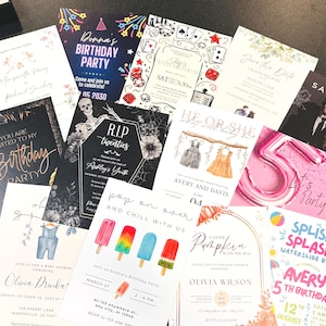 May include: A collection of various rectangular printed invitation cards featuring diverse themes including birthday parties, baby showers, and save the date announcements with colorful graphics, text, and illustrations arranged in a scattered layout.