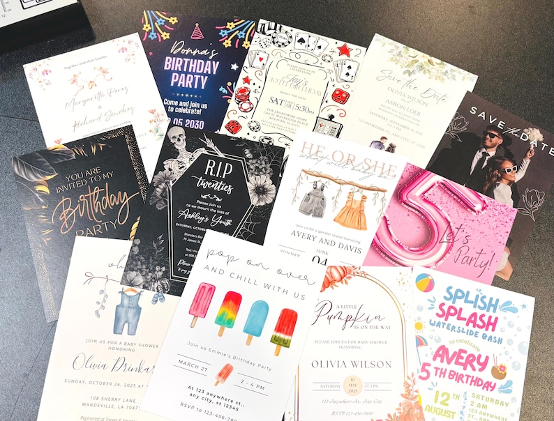 May include: A collection of various rectangular printed invitation cards featuring diverse themes including birthday parties, baby showers, and save the date announcements with colorful graphics, text, and illustrations arranged in a scattered layout.