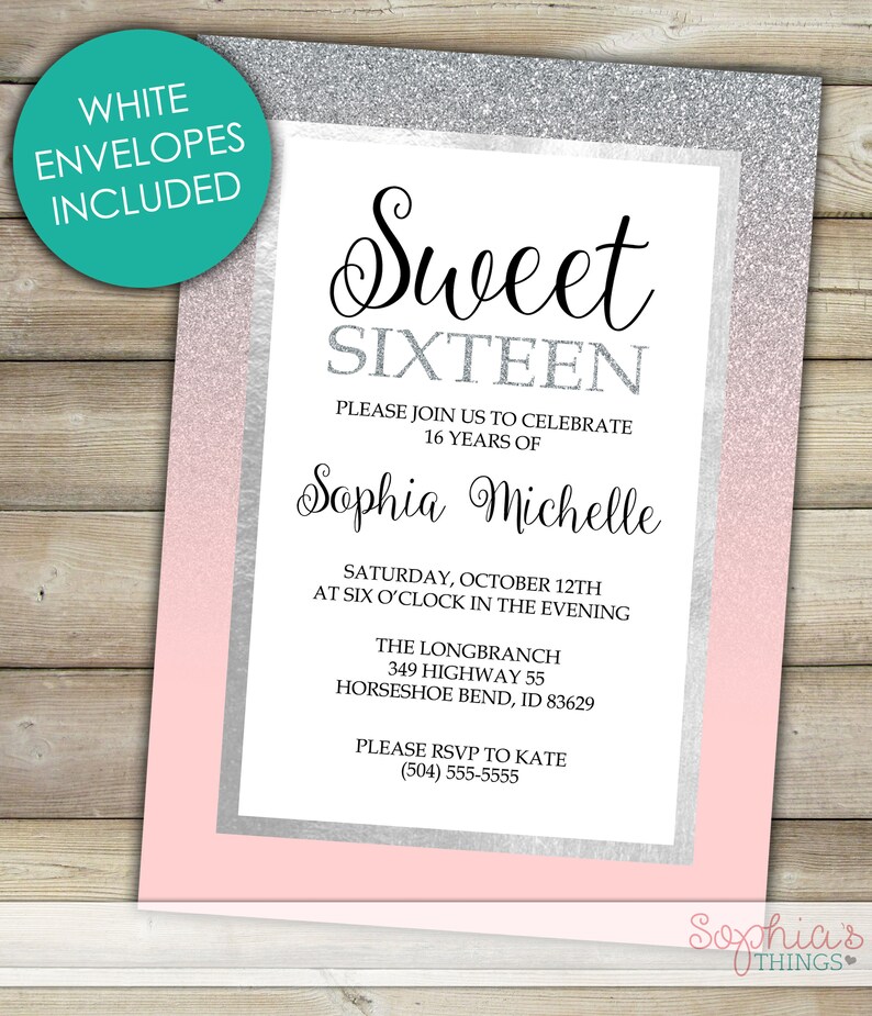 Sweet 16 Invitation Silver Glitter Pink Ombre Sweet Sixteen Invitations Birthday Party Invitations Silver Foil Sweet 16 Party Invitation