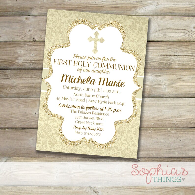 Baptism Invitation Ivory And Gold Glitter Baptism Invitation Etsy
