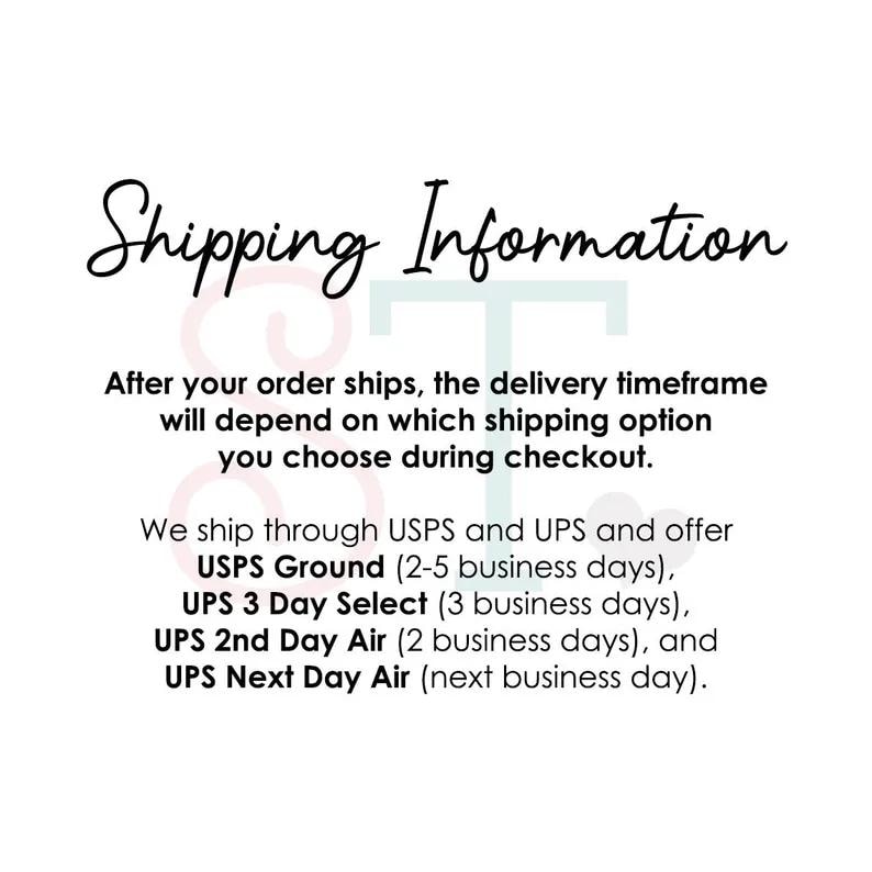 Op de afbeelding: Tekst op een witte achtergrond met de tekst "Verzendinformatie". Het legt uit dat de levertijd afhangt van de gekozen verzendoptie. Het vermeldt USPS Ground, UPS 3 Day Select, UPS 2nd Day Air en UPS Next Day Air.