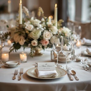 May include: A formal table setting featuring a white plate with a folded napkin, a place card reading 40 Finito Eaters!, two wine glasses, silverware, and a centerpiece of white and cream roses with tall taper candles in a gold-toned vase.