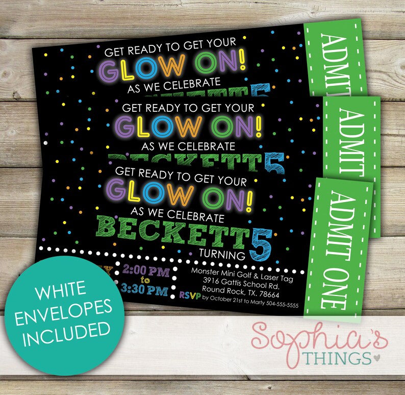 Glow In The Dark Birthday Party Tickets Get Your Glow On Birthday Party Glow Party Tickets Neon Laser Tag Tickets Invitation Tickets