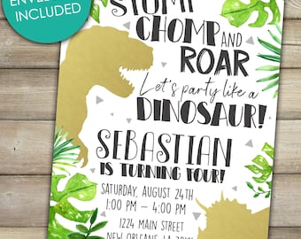 Dinosaur Birthday Invitation: Roar Dino Party, Gold Accents