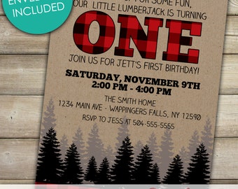 Lumberjack First Birthday Invitation, Buffalo Plaid, Camping Party