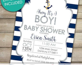 Ahoy It's A Boy Baby Shower Invitation, Nautical Baby Shower Invitation, Anchor Theme Baby Shower Invitation, Navy Stripe and Silver Glitter