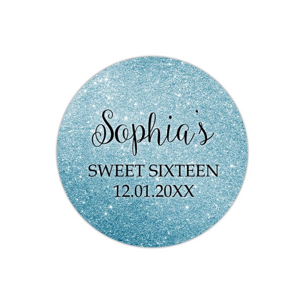 Sweet 16 Baby Blue Glitter Ombre Thank You Stickers, Sweet Sixteen Baby Blue Thank You Labels, Faux Baby Blue Glitter Party Favor Labels