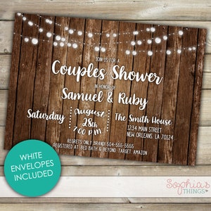 May include: A rustic woodgrain background with white string lights and a white text overlay announcing a Couples Shower for Samuel & Ruby. The event is scheduled for Saturday, August 28th at 7:00 pm at The Smith House, 1234 Main Street, New Orleans, LA 70124. The invitation includes contact information for regrets only and a list of stores where the couple is registered. White envelopes are included.