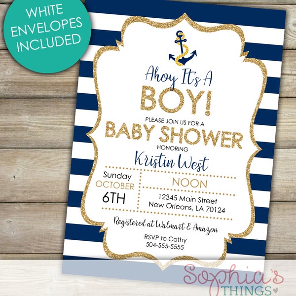 Ahoy It's A Boy Baby Shower Invitation, Nautical Baby Shower Invitations, Anchor Theme Baby Shower Invitation, Navy Stripe and Gold Glitter